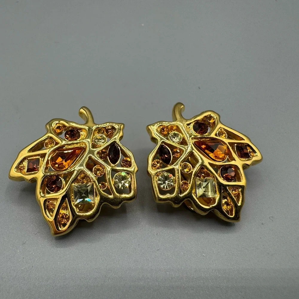 Vintage Nolan Miller Gold Tone Autumn Leaf Rhinestone Clip On Earrings